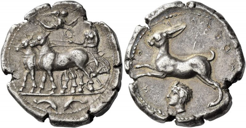 Messana 
Tetradrachm circa 412-408, AR 16.91 g. Biga of mules driven l. by nymp...