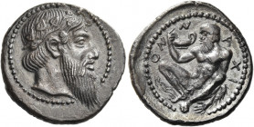 Naxos 
Drachm circa 461-430, AR 3.77 g. Bearded and ivy-wreathed head of Dionysus r. Rev. N – A – XI – ON Naked, bearded Silenus, with pointed ears, ...