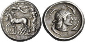 Syracuse 
Tetradrachm circa 480-478, AR 17.27 g. Slow quadriga driven l. by charioteer, holding reins and kentron; above, Nike flying l. to crown hor...