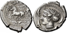 Syracuse 
Tetradrachm circa 415-405, AR 17.36 g. Slow quadriga driven l. by charioteer holding reins and kentron; above, Nike flying r. to crown him ...