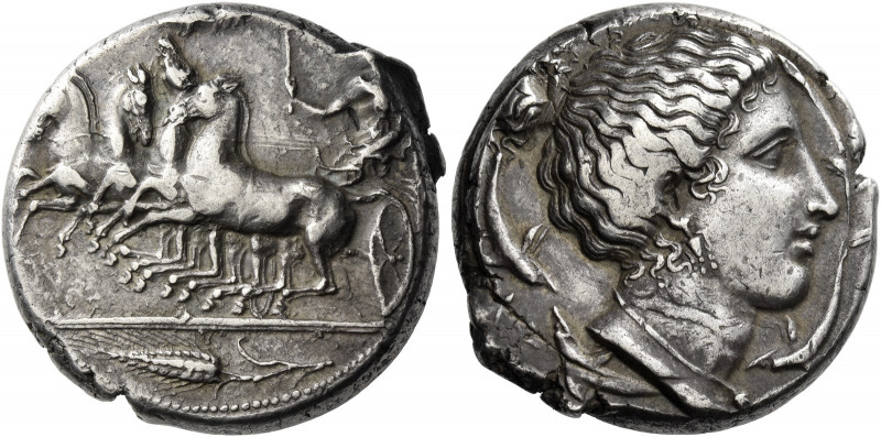 Syracuse 
Tetradrachm circa 405, AR 17.31 g. Fast quadriga driven l. by female ...