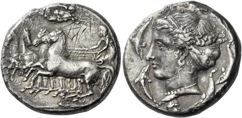 Syracuse 
Tetradrachm unsigned work of Parmenides circa 405, AR 16.01 g. Fast q...