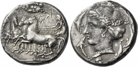 Syracuse 
Tetradrachm unsigned work of Parmenides circa 405, AR 16.01 g. Fast quadriga driven l. by charioteer pulling back the reins with both hands...