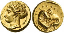 Syracuse 
Double decadrachm or 100 litrae circa 405-400, AV 5.75 g. ΣΥΡΑΚΟΣIΟΝ Head of the nymph Arethusa l., wearing necklace, bar and triple-pendan...