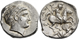 Kings of Paeonia. Patraus, 335 – 315 
Tetradrachm, Astibos or Damastion 335-315, AR 12.89 g. Laureate head of Apollo r. Rev. [ΠΑTP]AO – Y Warrior on ...