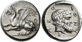 Thrace, Abdera 
Stater, magistrate Dionysas circa 395-360, AR 12.77 g. Griffin crouching l. Rev. Δ – Ι – ΟΝΥ – Σ – ΑΣ Ivy-wreathed head of Dionysus r...