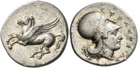 Syracuse 
Corinthian stater, 344-337, AR 8.66 g. Pegasus flying l. Rev. ΣΥΡΑΚΟΣΙΩN Head of Athena r., wearing Corinthian helmet. SNG Lloyd 1442. SNG ...