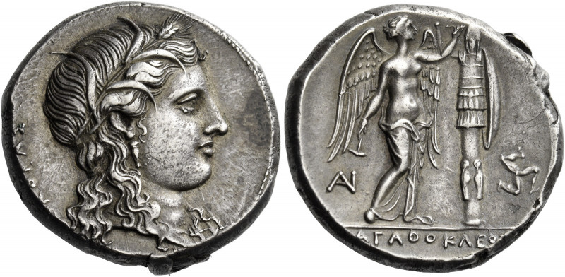 Syracuse 
Tetradrachm circa 310-305, AR 17.07 g. ΚΟΡΑΣ Head of Kore-Persephone ...