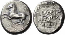 Maroneia 
Stater circa 411-397, AR 12.76 g. Prancing horse l. Rev. MAP – ΩN – ITE – ΩN square linear frame enclosing vine with four grape-clusters. T...