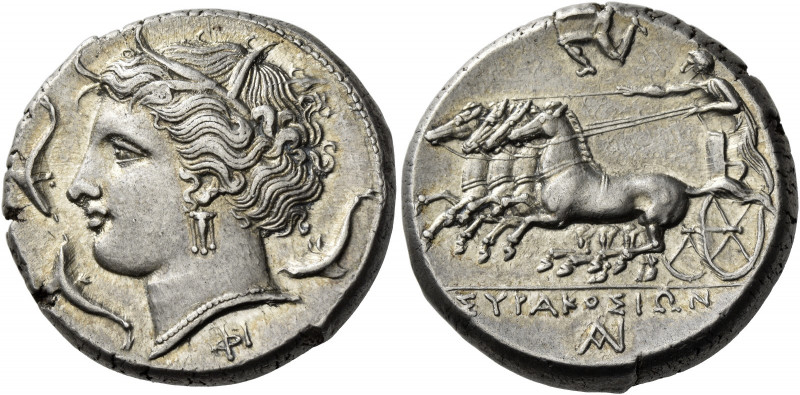Syracuse
Tetradrachm circa 310-305, AR 17.12 g. Head of Persephone l., wearing ...