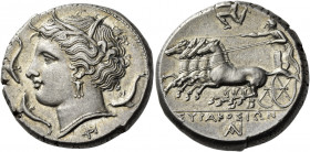 Syracuse
Tetradrachm circa 310-305, AR 17.12 g. Head of Persephone l., wearing barley wreath, triple-pendant earring and necklace; beneath neck trunc...