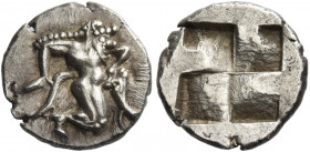 Islands off Thrace, Thasos 
Diobol circa 525-463, AR 1.20 g. Naked ithyphallic satyr running r. Rev. Quadripartite incuse square. Dewing 1318. Le Rid...