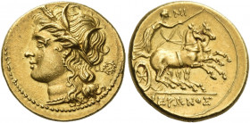 Syracuse 
Decadrachm or 60 litrae circa 217-214, AV 4.27 g. Head of Kore-Persephone l., wearing barley wreath; behind, wreath. Rev. Fast biga driven ...