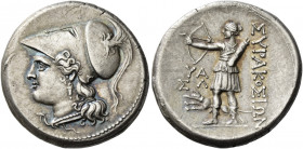 Syracuse 
12 litrae 214-212, AR 10.16 g. Head of Athena l., wearing crested Corinthian helmet decorated with griffin on bowl. Rev. ΣΥΡΑΚΟΣΙΩΝ Artemis...