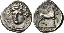 Thessaly, Larissa 
Didrachm 350-300, AR 12.19 g. Head of the nymph Larissa facing three-quarters l., wearing ampyx, earring and necklace. Rev. ΛAPI –...