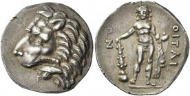 The Oitaioi 
Didrachm after 167, AR 7.62 g. Lion's head l. with spear in its jaws. Rev. OITAI / ΩN Youthful Heracles standing facing, wearing ivy-wre...