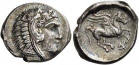 Illyria, Dyrrachium 
Drachm circa 250-229, AR 2.31 g. Head of Heracles r., wearing lion’s skin headdress. Rev. Δ[YP] Pegasus flying r. SNG Copenhagen...