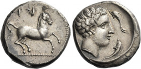 The Carthaginians in Sicily, Sardinia and North Africa 
Didrachm, Panormos circa 400, AR 8.59 g. sys in Punic characters Horse prancing r. Rev. Male ...