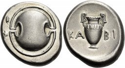Boeotia, Thebes 
Stater circa 368-364, AR 12.12 g. Boeotian shield. Rev. Amphora, two ivy leaves on each handle; in field, KA –BI. All within incuse ...