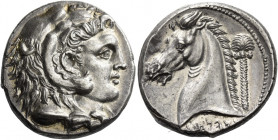 The Carthaginians in Sicily, Sardinia and North Africa
Tetradrachm, Entella (?) circa 320-300, AR 16.81 g. Head of Heracles-Melqart r., wearing lion'...