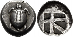 Islands off Attica, Aegina 
Stater circa 480–457, AR 12.27 g . Sea-turtle with heavy collar and dots running down its back. Rev. Large skew pattern i...