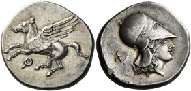 Corinthia, Corinth 
Stater circa 405-345, AR 8.59 g. Pegasus flying l.; below, koppa. Rev. Helmeted head of Athena r.; in l. field, ivy-leaf. Pegasi,...