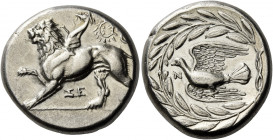 Sicyonia, Sicyon
Stater circa late 330s, AR 12.25 g. Chimera advancing l., with r. paw raised; above, wreath and beneath, ΣE. Rev. Dove flying l., be...
