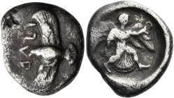 Elis, Olympia 
Drachm, Olympiads 82-87 circa 452-432, AR 5.24 g. [F]AΛEI[ON] Eagle flying l. with wings above and below, possibly grasping snake in i...