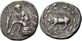 Crete, Phaistos 
Stater circa 350, AR 11.65 g. ΦAIΣTI[ΩN] Heracles seated l. atop lion's skin draped over rock, head slightly r., club resting agains...