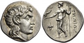 The Cyclades, Tenos 
Didrachm circa 260-240, AR 6.62 g. Head of Apollo Carneius r. Rev. ΤΗΝΙΩΝ Poseidon standing l., holding dolphin and sceptre; in ...