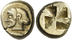 Mysia, Cyzicos 
Hecte circa 500-450, EL 2.76 g. Female head l., wearing circular earring and necklace, hair bound in sphendone, below, tunny-fish l. ...