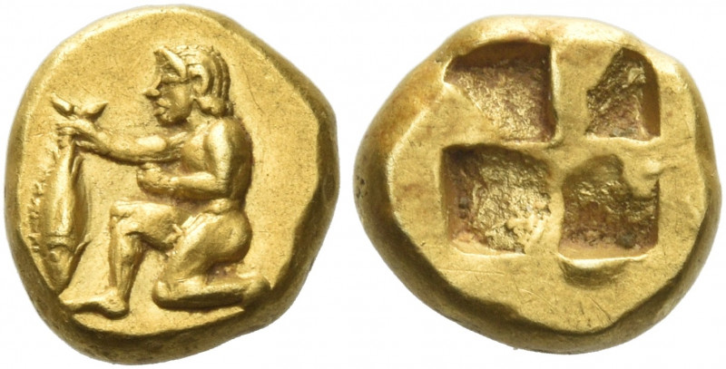 Mysia, Cyzicos
Hemihecte circa 480-460, EL 1.35 g. Naked male figure kneeling l...