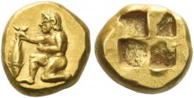 Mysia, Cyzicos
Hemihecte circa 480-460, EL 1.35 g. Naked male figure kneeling l., holding tunny fish by tail. Rev. Quadripartite incuse punch with ir...
