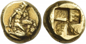 Mysia, Cyzicos 
Hecte circa 400, EL 2.70 g. Perseus kneeling r. wearing winged cap and cloak, head l., holding head of Medusa; below, tunny fish r. R...