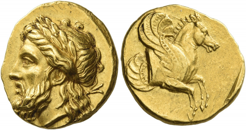 Lampsacus 
Stater circa 350, AV 8.49 g. Laureate head of Zeus l., with lotus-ti...