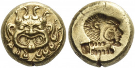 Lesbos, Mytilene
Hecte circa 521-478, EL 2.58 g. Gorgoneion facing, with tongue protruding. Rev. Incuse head of Heracles r., wearing lion's skin head...