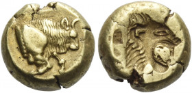 Lesbos, Mytilene
Hecte circa 521-478, EL 2.58 g. Forepart of bull r. Rev. Lion's head r. with open jaws, incuse. SNG von Aulock –, cf. 7720 (lion l.)...
