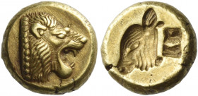 Lesbos, Mytilene
Hecte circa 521-478, EL 2.58 g. Lion’s head r., with open jaws. Rev. Calf’s head l., incuse. SNG von Aulock 1687. Weber 5605. Bodens...