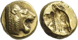 Lesbos, Mytilene 
Hecte circa 521-478, EL 2.55 g. Head of lion r., with open jaws. Rev. Calf's head r., incuse. Rosen 554. Dewing 2233. Boston, MFA 1...
