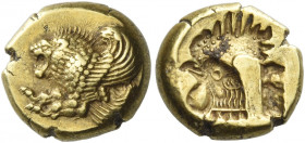 Lesbos, Mytilene
Hecte circa 521-478, EL 2.56 g. Forepart of winged lion l. Rev. Cockerel’s head l., incuse. Jameson 1472. Bodenstedt 9.1 Good extrem...