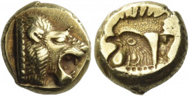 Lesbos, Mytilene
Hecte, circa 521-478, EL 2.51 g. Lion's head r., with open jaws. Rev. Cockerel's head l., incuse. de Luynes 2544. SNG Copenhagen 302...
