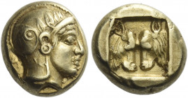 Lesbos, Mytilene 
Hecte circa 478-455, EL 2.52 g. Head of Athena r., wearing earring, necklace, and crested Attic helmet decorated with three olive l...