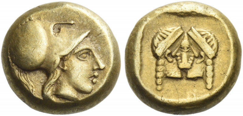 Lesbos, Mytilene 
Hecte circa 454-427, EL 2.53 g. Head of Athena r, wearing cre...