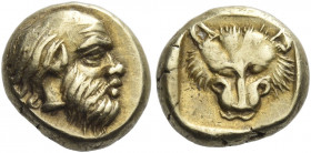 Lesbos, Mytilene
Hecte circa 454-427, EL 2.51 g. Bearded head of satyr r. Rev. Head of wolf (or lion) facing within incuse square. Bodenstedt 47. SNG...