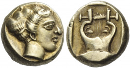 Lesbos, Mytilene
Hecte circa 454-427, EL 2.55 g. Head of Persephone r. Rev. Lyre. Bodenstedt –. Boston MFA –. cf. CNG sale 57, 2001, 477. Extremely r...