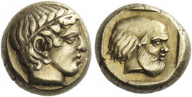 Lesbos, Mytilene
Hecte circa 454-427, EL 2.56 g. Laureate head of Apollo r. Rev. Head of bearded satyr r., with animal's ears, within incuse square. ...