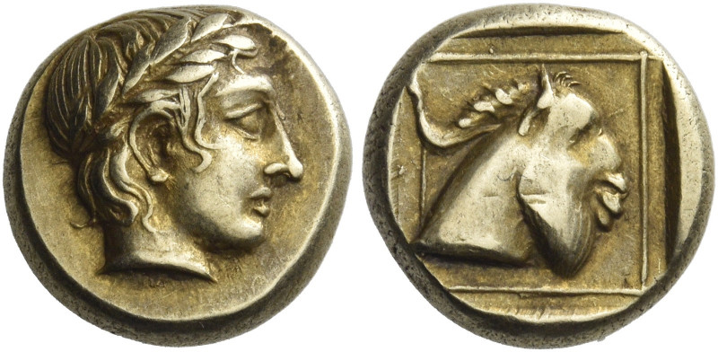 Lesbos, Mytilene
Hecte circa 454-427, EL 2.52 g. Laureate head of Apollo r. Rev...