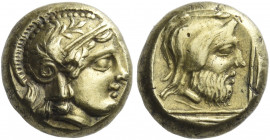 Lesbos, Mytilene 
Hecte circa 454-427, EL 2.40 g. Head of Athena r., wearing Attic helmet. Rev. Bearded head of Pharnabazos r., wearing Persian tiara...