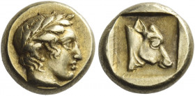 Lesbos, Mytilene 
Hecte, circa 431-428, EL 2.58 g. Laureate head of Apollo r. Rev. Calf's head r., within incuse square. Traité II, 2163 and pl. 159,...