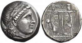 Lesbos, Mytilene 
Stater circa 350-350, AR 11.12 g. Laureate head of Apollo r. Rev. MY / T – I Lyre; in inner l. field, thyrsus. All within linear sq...